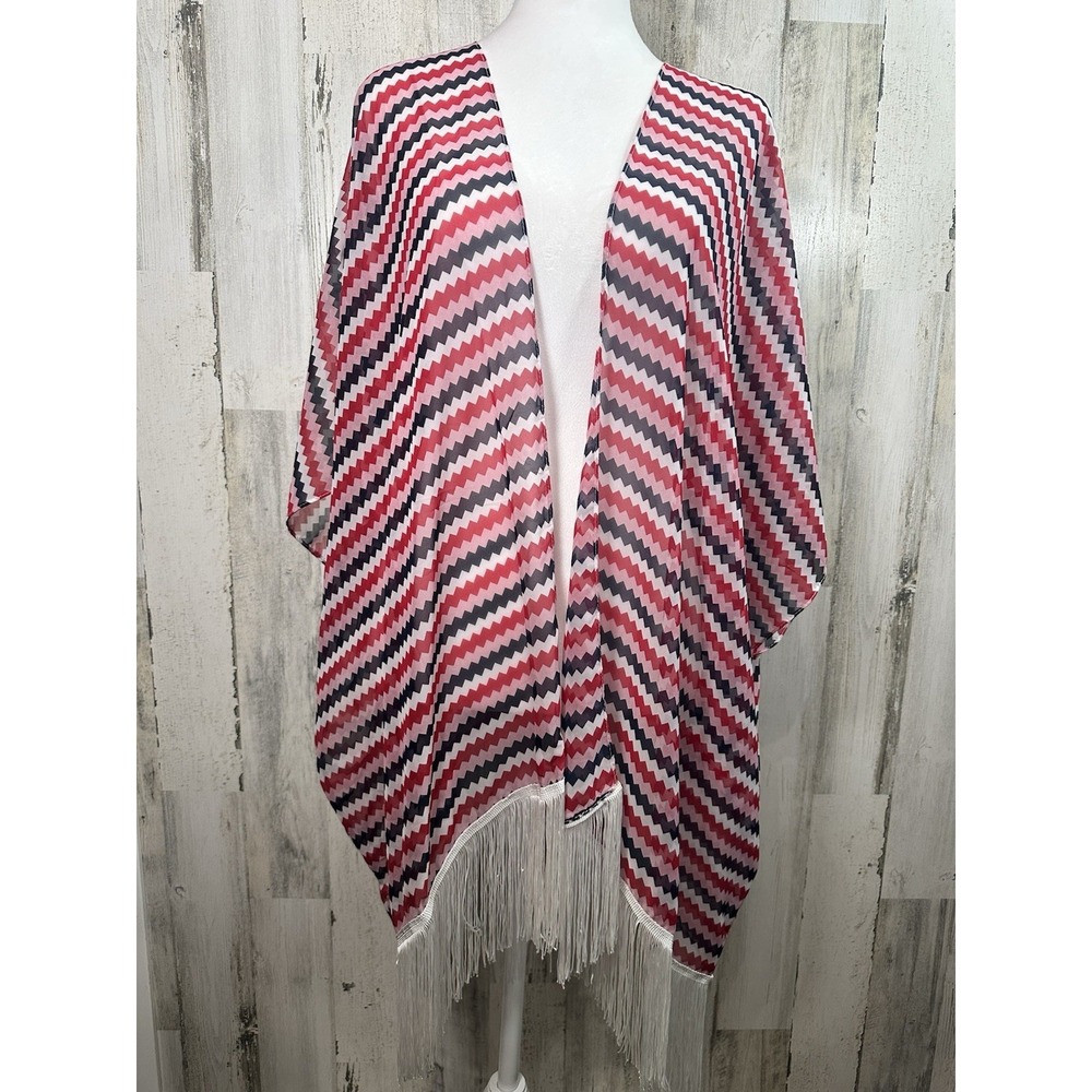 Soul Young Open Front Sheer Kimono Chevron Fringe Red Pink Blk White Beach Cover